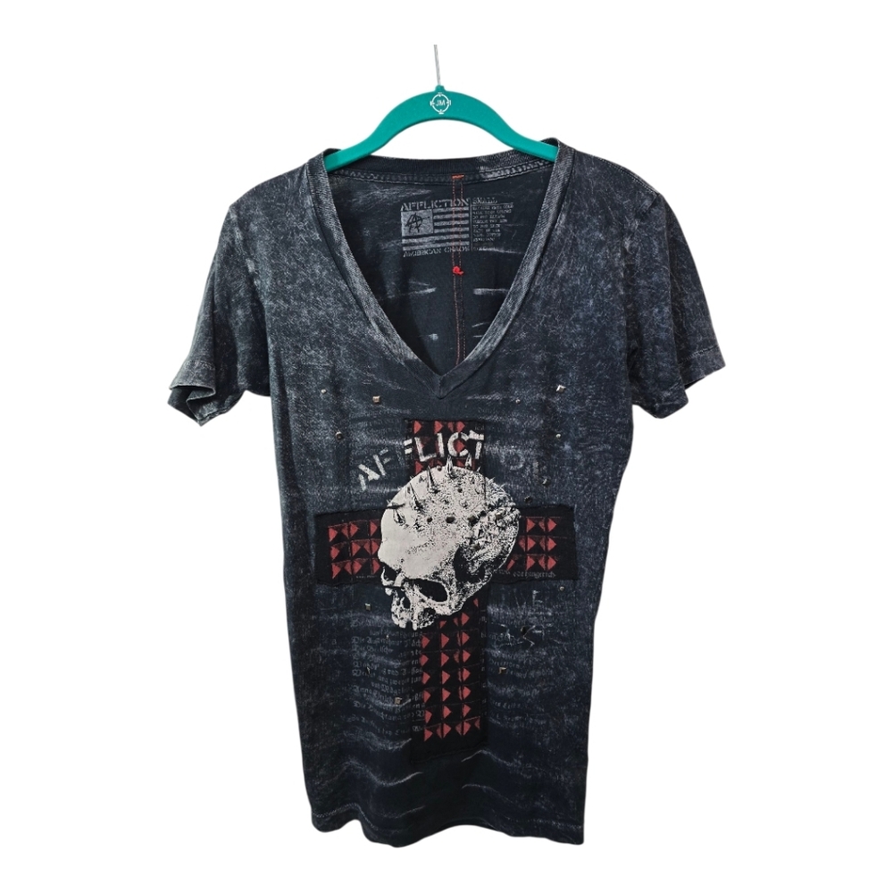 Affliction Charcoal V-Neck Tee with Skull and Red Accents